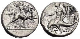CALABRIA. Tarentum. Circa 240-228 BC. Nomos (Silver, 19 mm, 6.51 g, 3 h), struck under the magistrate Olympis. Cuirassed warrior, brandishing spear in...