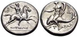 CALABRIA. Tarentum. Circa 240-228 BC. Nomos (Silver, 19 mm, 6.48 g, 5 h), struck under the magistrate Olympis. Cuirassed warrior, brandishing spear in...