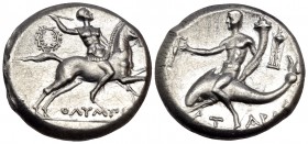 CALABRIA. Tarentum. Circa 240-228 BC. Nomos (Silver, 19.5 mm, 6.50 g, 6 h), struck under the magistrate Olympis. Cuirassed warrior, brandishing spear ...