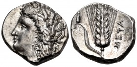 LUCANIA. Metapontum. Circa 330-290 BC. Nomos or Didrachm (Silver, 20 mm, 7.92 g, 4 h). Head of Demeter to left, wearing grain wreath, triple-pendant e...