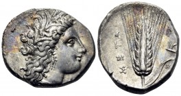 LUCANIA. Metapontum. Circa 330-290 BC. Nomos (Silver, 22 mm, 7.77 g, 2 h), struck under the magistrates Dae..and Mach... Head of Demeter to right, wea...