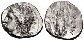 LUCANIA. Metapontum. Circa 330-290 BC. Nomos or Didrachm (Silver, 21 mm, 7.90 g, 3 h). Head of Demeter to left, wearing grain wreath, triple pendant e...