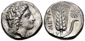 LUCANIA. Metapontum. Circa 330-290 BC. Nomos or Didrachm (Silver, 20 mm, 7.91 g, 5 h). Head of Demeter to right, wearing a grain wreath, pendant earri...