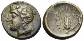 LUCANIA. Metapontum. Circa 300-250 BC. Chalkous (Bronze, 15 mm, 3.01 g, 12 h). Ivy-wreathed head of Dionysos to left. Rev. META Ear of barley with lea...