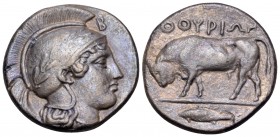 LUCANIA. Thourioi. Circa 443-400 BC. Nomos or Didrachm (Silver, 21 mm, 7.69 g, 3 h). Head of Athena to right, her helmet adorned with an olive wreath:...
