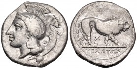 LUCANIA. Velia. Circa 340-334 BC. Nomos or Didrachm (Silver, 22.5 mm, 7.47 g, 10 h), from the "Θ" group. Head of Athena to left, wearing crested Attic...