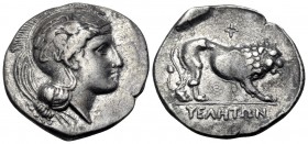 LUCANIA. Velia. Circa 340-334 BC. Didrachm or nomos (Silver, 22.5 mm, 7.55 g, 7 h), from the "Θ" group. Head of Athena to right, wearing crested Attic...