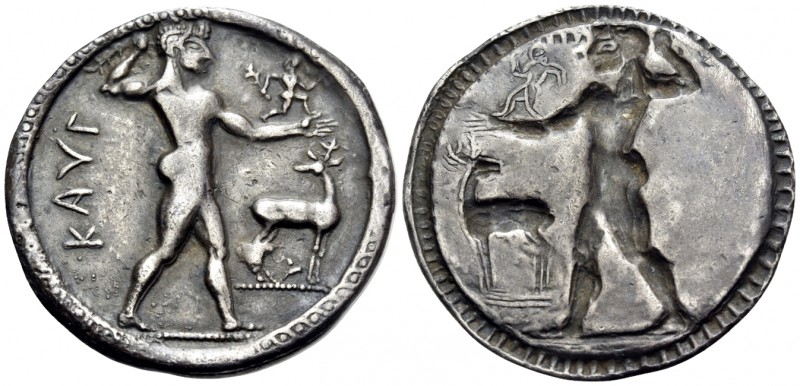 BRUTTIUM. Kaulonia. Circa 525-500 BC. Nomos (Silver, 31 mm, 7.85 g, 12 h). ΚΑVΛ ...