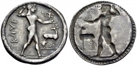 BRUTTIUM. Kaulonia. Circa 525-500 BC. Nomos (Silver, 31 mm, 7.85 g, 12 h). ΚΑVΛ Apollo, nude, striding right, brandishing laurel branch in his upraise...