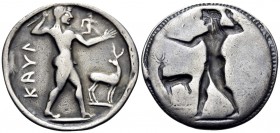 BRUTTIUM. Kaulonia. Circa 525-500 BC. Nomos (Silver, 29 mm, 7.32 g, 12 h). ΚΑVΛ Apollo, nude, striding right, brandishing laurel branch in his upraise...