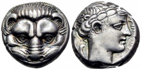 BRUTTIUM. Rhegion. Circa 420-415/0 BC. Tetradrachm (Silver, 20 mm, 17.23 g, 7 h). Lion’s head seen from above and to the front. Rev. ΡΗΓΙΝΟΣ Laureate ...