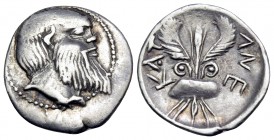 SICILY. Katane. Circa 450-430 BC. Litra (Silver, 12 mm, 0.86 g, 2 h). Bald and bearded head of Silenos to right. Rev. KAT-ANE Thunderbolt with wings a...
