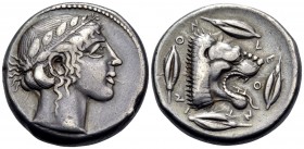 SICILY. Leontini. Circa 450-440 BC. Tetradrachm (Silver, 24.5 mm, 17.32 g, 3 h). Laureate head of Apollo to right. Rev. LE-O-NT-IN-ON Head of roaring ...