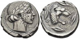 SICILY. Leontinoi. Circa 450-440 BC. Tetradrachm (Silver, 26 mm, 17.38 g, 6 h). Laureate head of Apollo to right. Rev. ΛΕΟΝΤΙ-ΝΟ-Ν Head of a lion with...