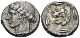 SICILY. Leontini. Circa 450-440 BC. Tetradrachm (Silver, 24 mm, 16.62 g, 10 h). Laureate head of Apollo to left, his hair bound up at the back. Rev. Λ...