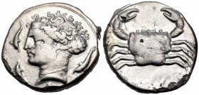 SICILY. Motya. Circa 405-397 BC. Tetradrachm (Silver, 25 mm, 16.74 g, 11 h). Head of Arethusa to left, wearing ampyx and sphendone, triple-pendant ear...