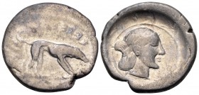 SICILY. Segesta. Circa 475/70-455/50 BC. Didrachm (Silver, 22.5 mm, 8.51 g, 1 h). ΣΕΓΕ[ΣΤΑ-ΖΙΒ] ( retrograde ) Hound, the rivergod Krimisos, standing ...