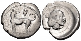 SICILY. Segesta. Circa 455/50-445/40 BC. Didrachm (Silver, 24 mm, 8.33 g, 5 h). Hound, the rivergod Krimisos, standing to left, head turned to look ba...