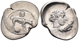 SICILY. Segesta. Circa 412/10-400 BC. Didrachm (Silver, 27.5 mm, 8.56 g, 12 h). Hound, the rivergod Krimisos, standing to right; above, head of the ny...