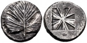 SICILY. Selinos. Circa 540-515 BC. Didrachm (Silver, 20.5 mm, 8.50 g, 7 h). Wild parsley, selinon, leaf. Rev. Incuse square composed of twelve triangl...