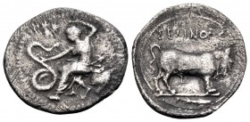 SICILY. Selinos. Circa 455-409 BC. Litra (Silver, 13 mm, 0.63 g, 3 h). Nymph seated left on rock, touching snake coiled before her with right hand. Re...