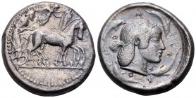SICILY. Syracuse. Deinomenid Tyranny, 485-466 BC. Tetradrachm (Silver, 25 mm, 16.72 g, 9 h), struck under Gelon I, 485-79. Charioteer driving quadriga...