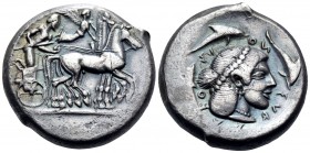 SICILY. Syracuse. Deinomenid Tyranny, 485-466 BC. Tetradrachm (Silver, 23 mm, 17.20 g, 10 h), circa 475-470. Charioteer, holding kentron in right hand...