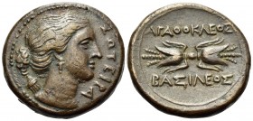 SICILY. Syracuse. Agathokles, 317-289 BC. Litra (Bronze, 23 mm, 10.54 g, 7 h), struck circa 306/4-289. ΣΩΤΕΙΡΑ Head of Artemis Soteira to right, weari...