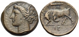 SICILY. Syracuse. Hieron II, 275-215 BC. Trias (?) (Bronze, 20 mm, 6.01 g, 6 h), c. 275-269. ΣΥPAKOΣIΩN Head of Kore to left, wearing wreath of grain,...