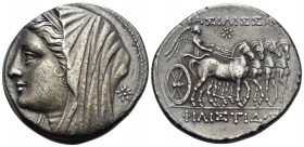 SICILY. Syracuse. Philistis, wife of Hieron II, 275-215 BC. 16 Litrai (Silver, 26 mm, 13.54 g, 2 h), 218/7-214. Diademed and veiled bust of Philistis ...