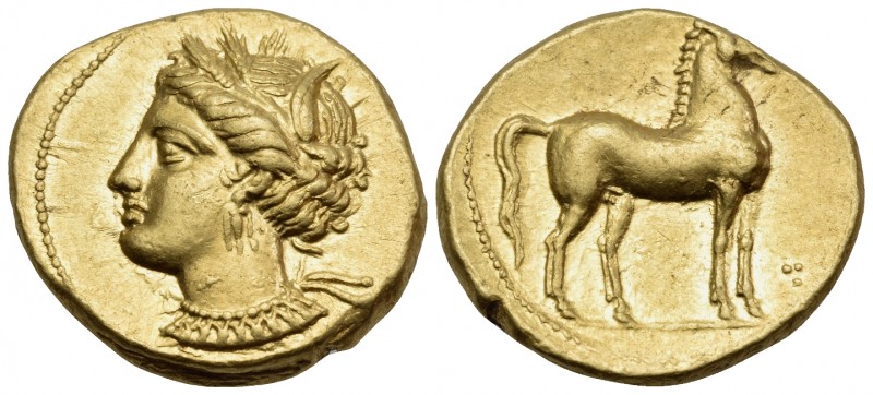 CARTHAGE. Circa 350-320 BC. Stater (Gold, 18.5 mm, 9.11 g, 11 h). Head of Tanit ...