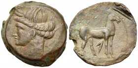 CARTHAGE. First Punic War. Circa 264-241 BC. Shekel (Bronze, 24 mm, 8.49 g, 6 h), Sardinian mint. Wreathed head of Tanit to left, wearing triple-penda...