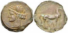 CARTHAGE. First Punic War. Circa 264-241 BC. Shekel (Bronze, 23.5 mm, 7.90 g, 6 h), Sardinian mint. Wreathed head of Tanit to left, wearing triple-pen...
