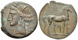 CARTHAGE. First Punic War. Circa 264-241 BC. Shekel (Bronze, 23 mm, 5.82 g, 2 h), Sardinian mint. Wreathed head of Tanit to left, wearing triple-penda...