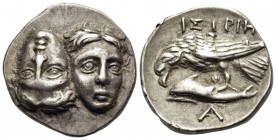 MOESIA. Istros. Circa 280-256/5 BC. Drachm (Silver, 18 mm, 5.95 g, 5 h). Two facing male heads side by side, one upright and the other inverted - a tê...