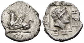 THRACE. Abdera. 3rd-2nd centuries BC. Tetrobol (Silver, 15 mm, 1.54 g, 1 h). Griffin seated to left on club, below monogram. Rev. ABΔΗΡΙΤΕΩΝ Laureate ...
