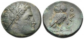 THRACE. Agathopolis. Circa 300 BC. (Bronze, 16.5 mm, 3.52 g, 12 h). Diademed male head to right. Rev. AΓΑΘO Owl standing right, head facing; below, sp...