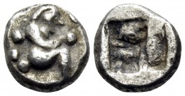 THRACO-MACEDONIAN REGION. Siris. Circa 525-480 BC. Trihemiobol or 1/8 Stater (Silver, 9.5 mm, 1.27 g). Nude and tailless satyr seated to right with hi...