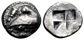 MACEDON. Eion. Circa 460-400 BC. Trihemiobol (Silver, 10.5 mm, 0.87 g). Goose standing to right, head turned back to left; above, lizard to left. Rev....