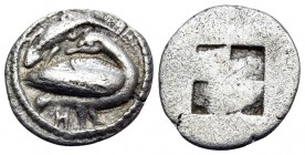 MACEDON. Eion. Circa 460-400 BC. Trihemiobol (Silver, 11.5 mm, 0.86 g). Goose standing to right, head turned back to left; above, lizard to left; belo...
