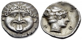 MACEDON. Neapolis. Circa 424-350 BC. Hemidrachm (Silver, 18.5 mm, 1.70 g, 6 h). Gorgoneion facing with protruding tongue. Rev. Ν-Ε / Ο-Π Head of the n...
