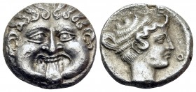 MACEDON. Neapolis. Circa 424-350 BC. Hemidrachm (Silver, 12 mm, 1.97 g, 12 h). Gorgoneion facing with protruding tongue. Rev. Ν-Ε / Ο-Π Head of the ny...