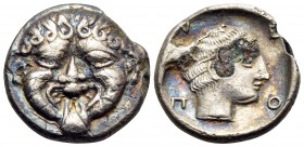MACEDON. Neapolis. Circa 424-350 BC. Hemidrachm (Silver plated bronze, 14 mm, 1.85 g, 8 h). Gorgoneion facing with protruding tongue. Rev. Ν-Ε / Ο-Π H...