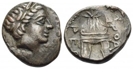 MACEDON. Orthagoreia. Circa 350 BC. Dichalkon (Bronze, 15 mm, 2.61 g, 5 h). Laureate head of Apollo to right. Rev. [O]PΘA[ΓO]/PEΩ[N] Macedonian helmet...