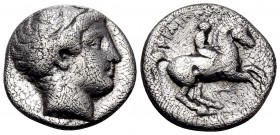 KINGS OF MACEDON. Philip II, 359-336 BC. Fifth Tetradrachm (Silver, 14 mm, 2.71 g, 1 h), Pella, c. 342/1-337/6. Head of Apollo to right, wearing taini...