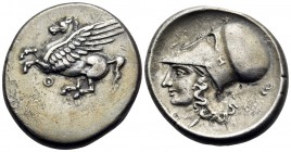 AKARNANIA. Thyrrheion. Circa 320-280 BC. Stater (Silver, 22 mm, 8.49 g, 9 h). Pegasos flying left with straight wings; below, Θ. Rev. Θ-Y Head of Athe...