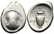 BOEOTIA. Thebes. Circa 395-338 BC. Stater (Silver, 26 mm, 11.84 g, 10 h), Damo..., c. 390-382. Boeotian shield. Rev. ΔΑ ΜΟ Amphora with tall handles a...