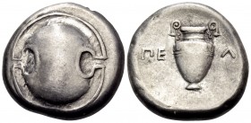 BOEOTIA. Thebes. Circa 395-338 BC. Stater (Silver, 21.5 mm, 12.20 g), struck under the magistrate Peli.., c. 379-368. Boeotian shield. Rev. ΠΕ-Λ[Ι] Am...