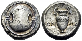 BOEOTIA. Thebes. Circa 395-338 BC. Stater (Silver, 20 mm, 11.92 g), struck under the magistrate Klion. Boeotian shield. Rev. ΚΛΙ - ΩΝ Amphora; all wit...
