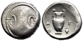 BOEOTIA. Thebes. Circa 395-338 BC. Stater (Silver, 21.5 mm, 11.95 g, 5 h), struck under the magistrate Aso(p)..., circa 363-338 BC. Boeotian shield. R...